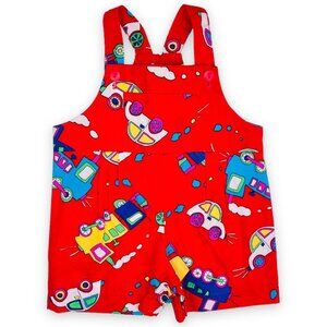 Vintage Red Cars Truck Plane Print Shortalls Romper Overalls Outfit 12m